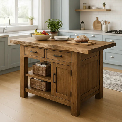 Handcrafted Solid Wood Kitchen Island - Live-Edge Top, Drawers & Cabinet Kitchnce