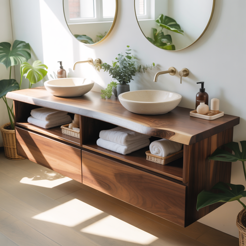 Handcrafted Solid Wood Floating Bathroom Vanity with Open Shelves & Soft-Close Drawers Kitchnce