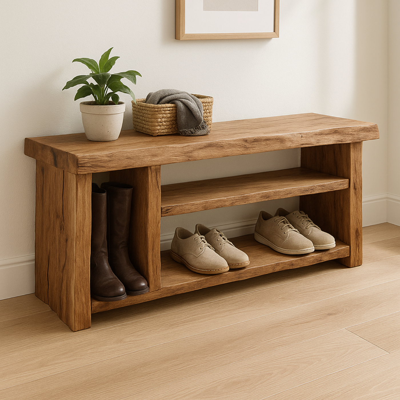 Handcrafted Solid Wood Bench – Natural Rustic Seating and Multi-Tier Storage Kitchnce