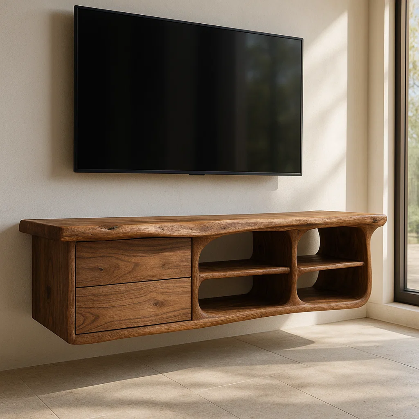 Handcrafted Solid Wood Floating TV Stand with Live Edge - Rustic Modern Media Console Kitchnce