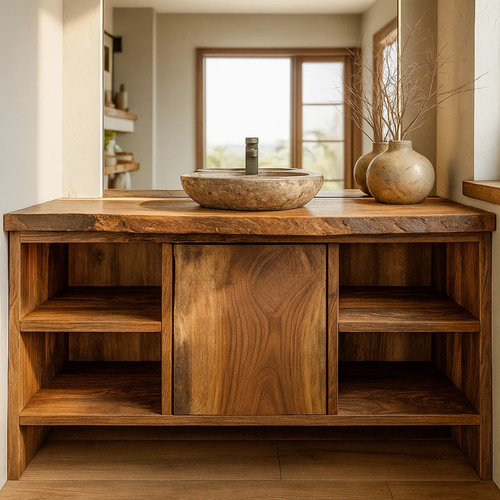 Handcrafted Solid Wood Bathroom Vanity with Central Sliding Door & Open Storage Shelves Kitchnce