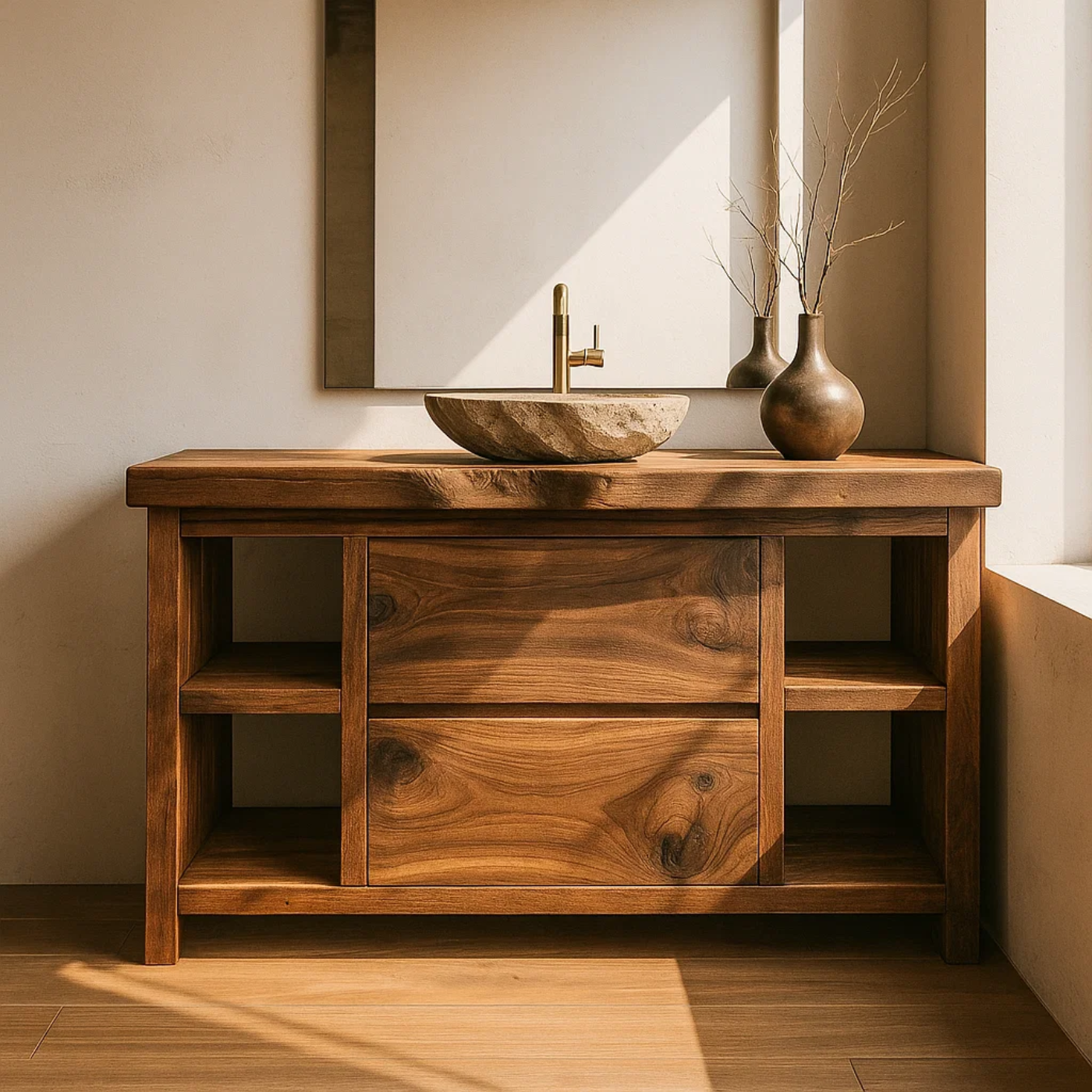 Handcrafted Solid Wood Bathroom Vanity with Live Edge Top and Curved Drawer Design Kitchnce