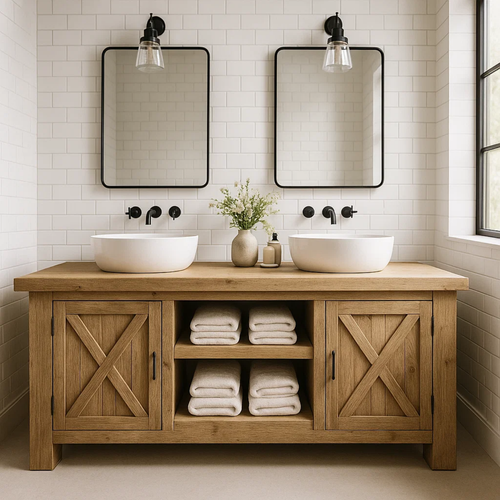 Handcrafted Solid Wood Bathroom Vanity - Farmhouse Double Sink Cabinet - Rustic Oak Storage Furniture Kitchnce