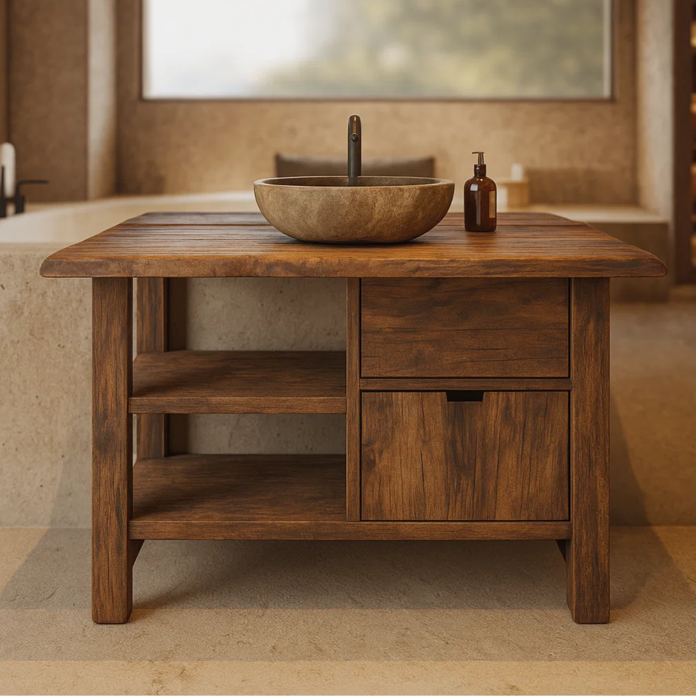 Handcrafted Solid Wood Bathroom Vanity with Open Shelves and Soft-Close Storage Kitchnce