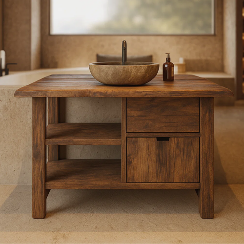 Handcrafted Solid Wood Bathroom Vanity with Open Shelves and Soft-Close Storage Kitchnce
