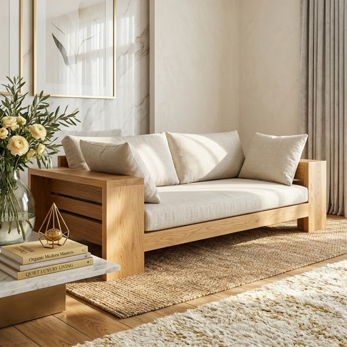Modern Wooden Sofa Daybed with Cushions for Living Room Lounge Decor