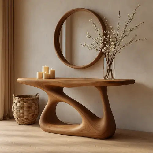 Handcrafted Solid Wood Bloom Console Table – Modern Organic Sculpture Kitchnce