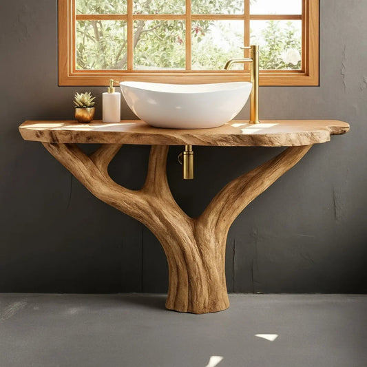 Handcrafted Solid Wood Bathroom Vanity - Unique Live Edge Tree Root Console Kitchnce