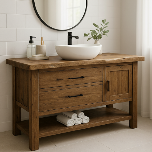 Handcrafted Solid Wood Bathroom Vanity with Live Edge Countertop and Open Shelf Kitchnce