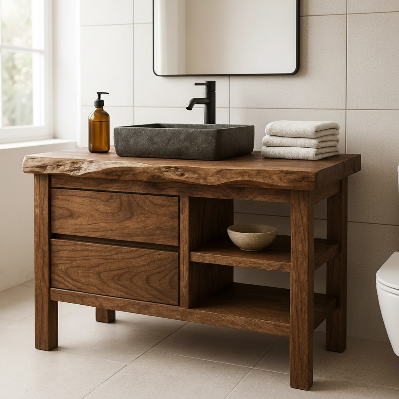 Handcrafted Solid Wood Bathroom Vanity with Live Edge Top and Open Shelf Kitchnce