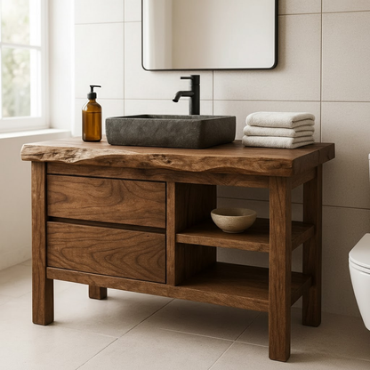 Handcrafted Solid Wood Bathroom Vanity with Live Edge Top and Open Shelf Kitchnce