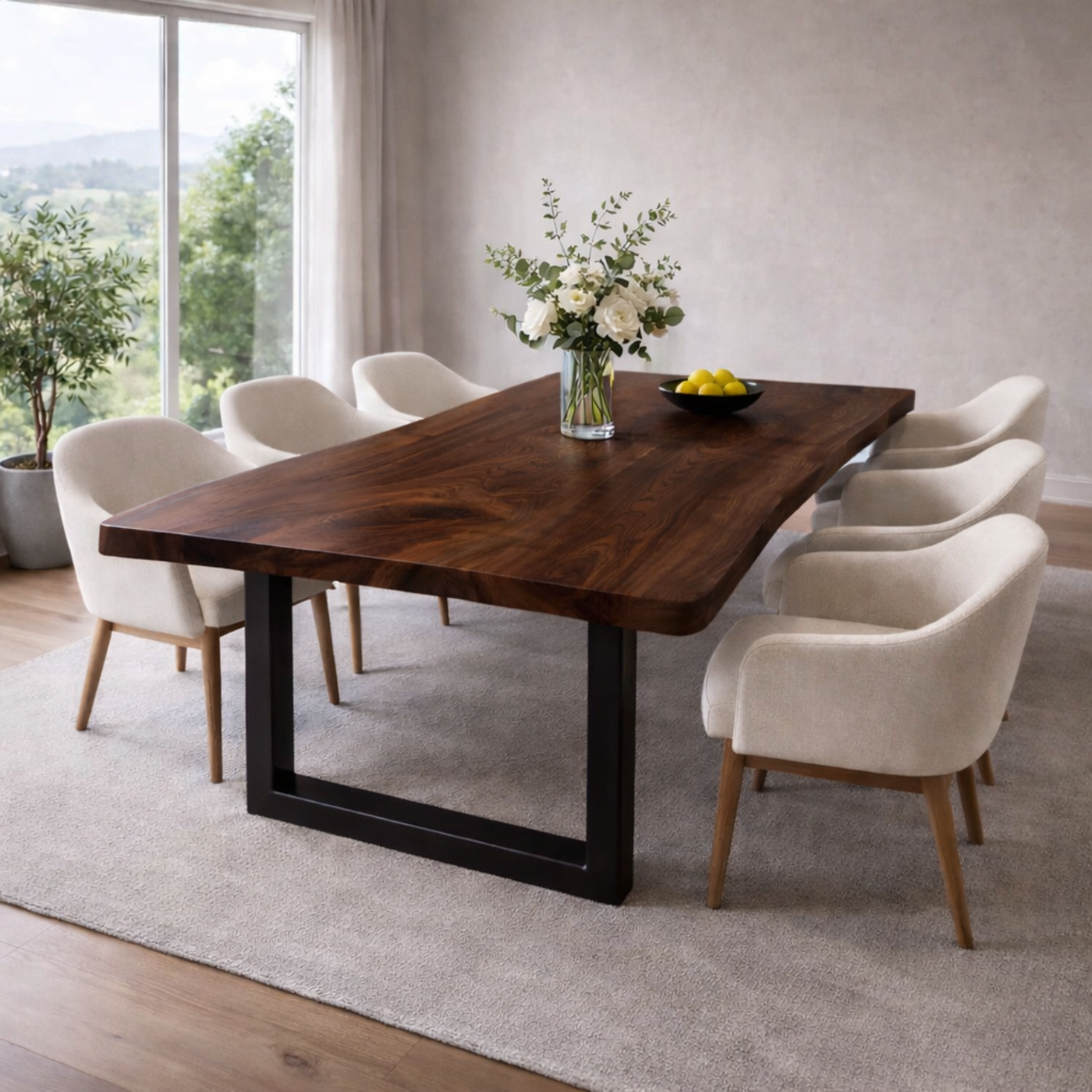 Modern Solid Wood Rectangular Dining Table with Black Steel Base