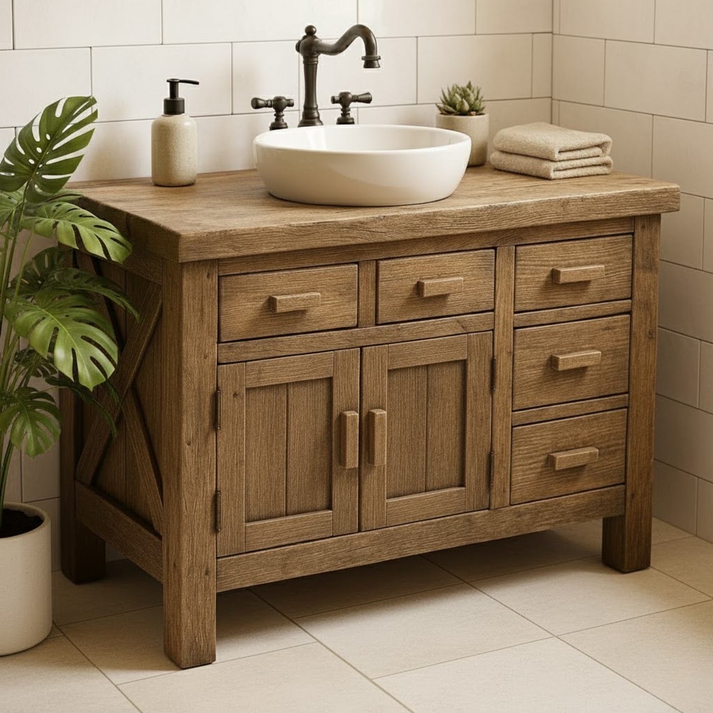Handcrafted Solid Wood Bathroom Vanity - Rustic Farmhouse Style with X-Brace Detail Kitchnce