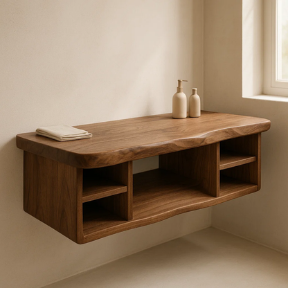 Handcrafted Solid Wood Floating Vanity - All Open Live Edge Console with Display Shelves Kitchnce