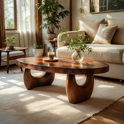 Organic Natural Wood Coffee Table with Sculpted Open Base