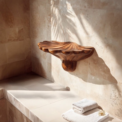 Sculptural Wall-Mounted Sink in Natural Wood with Organic Carved Form