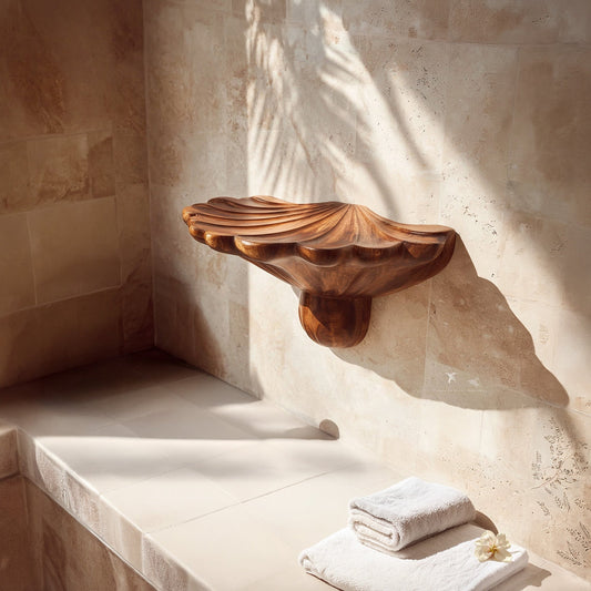 Sculptural Wall-Mounted Sink in Natural Wood with Organic Carved Form