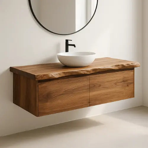 Handcrafted Floating Solid Wood Bathroom Vanity – Live Edge Countertop with Hidden Drawers – Modern Rustic Wall-Mount Design Kitchnce