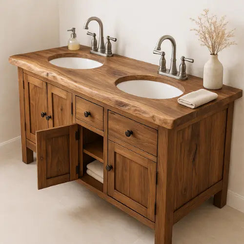 Handcrafted Solid Wood Double Sink Bathroom Vanity – Rustic Live Edge Countertop with Cabinets & Drawers – Farmhouse Natural Finish Kitchnce