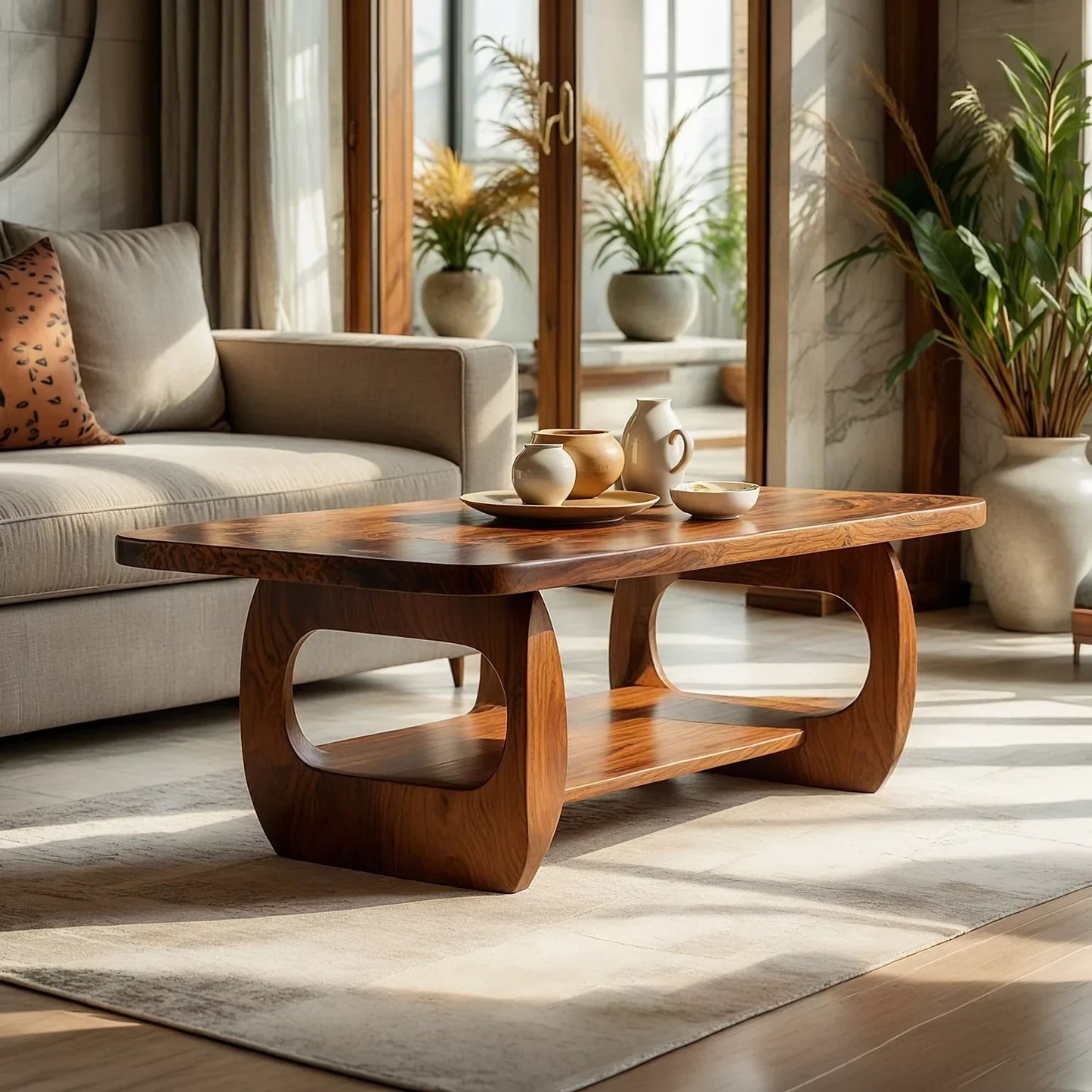 Natural Wood Coffee Table with Sculpted Open Frame Base and Shelf