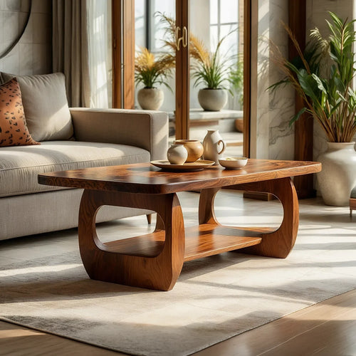 Natural Wood Coffee Table with Sculpted Open Frame Base and Shelf