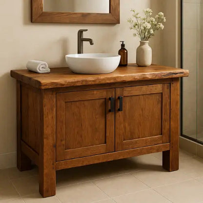 Handcrafted Solid Oak Bathroom Vanity – Live Edge Countertop with Double Doors – Rustic Modern Wood Design for Warm Natural Bathroom Interiors Kitchnce