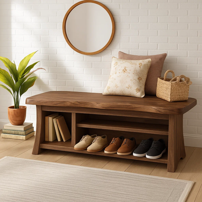 Handcrafted Solid Wood Walnut Bench – Organic Design with Integrated Shelving Kitchnce