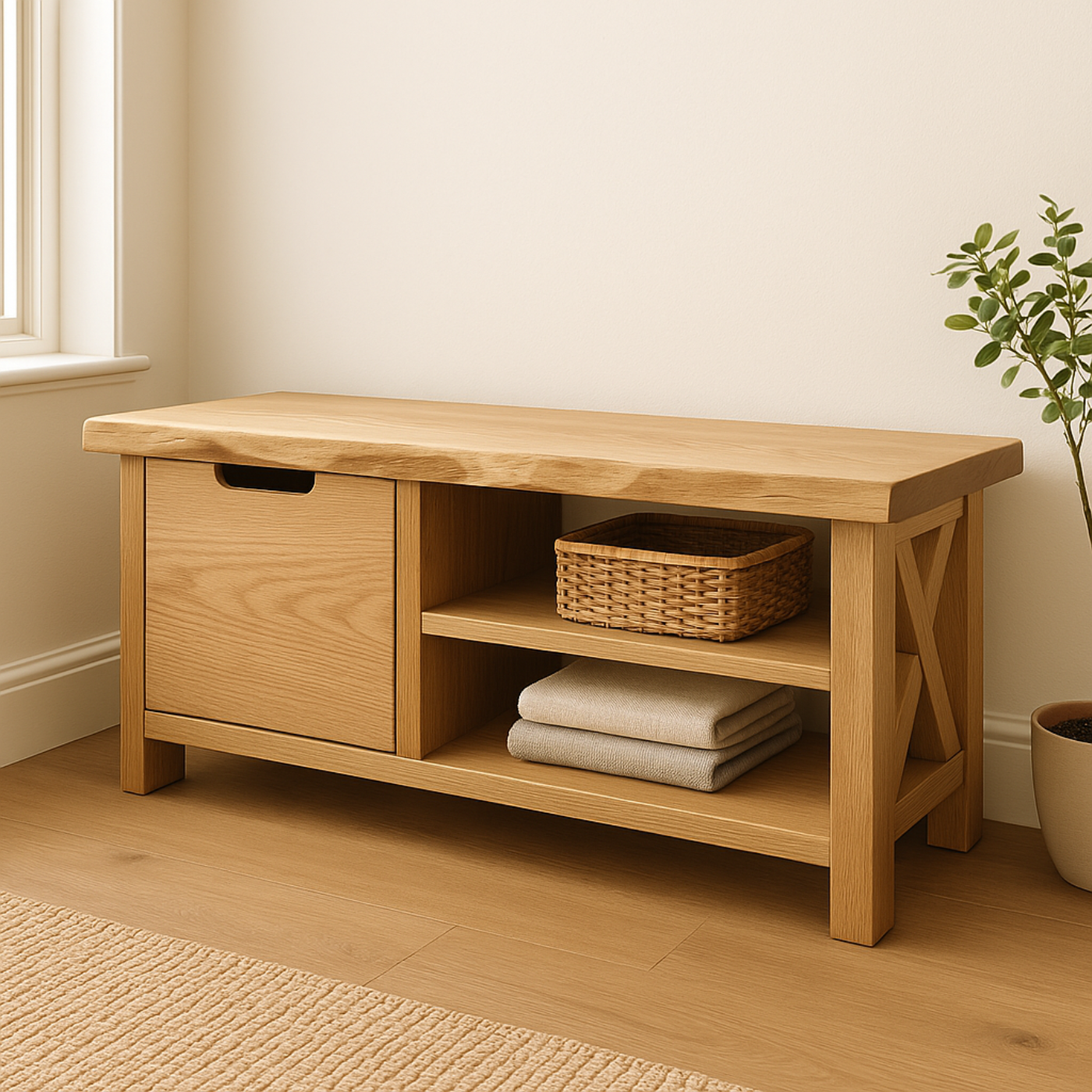 Handcrafted Solid Wood Bench – Modern Rustic Seating with X-Accent and Storage Kitchnce