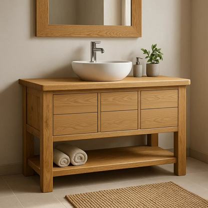 Handcrafted Solid Wood Bathroom Vanity with Oak Finish and Open Shelf Kitchnce