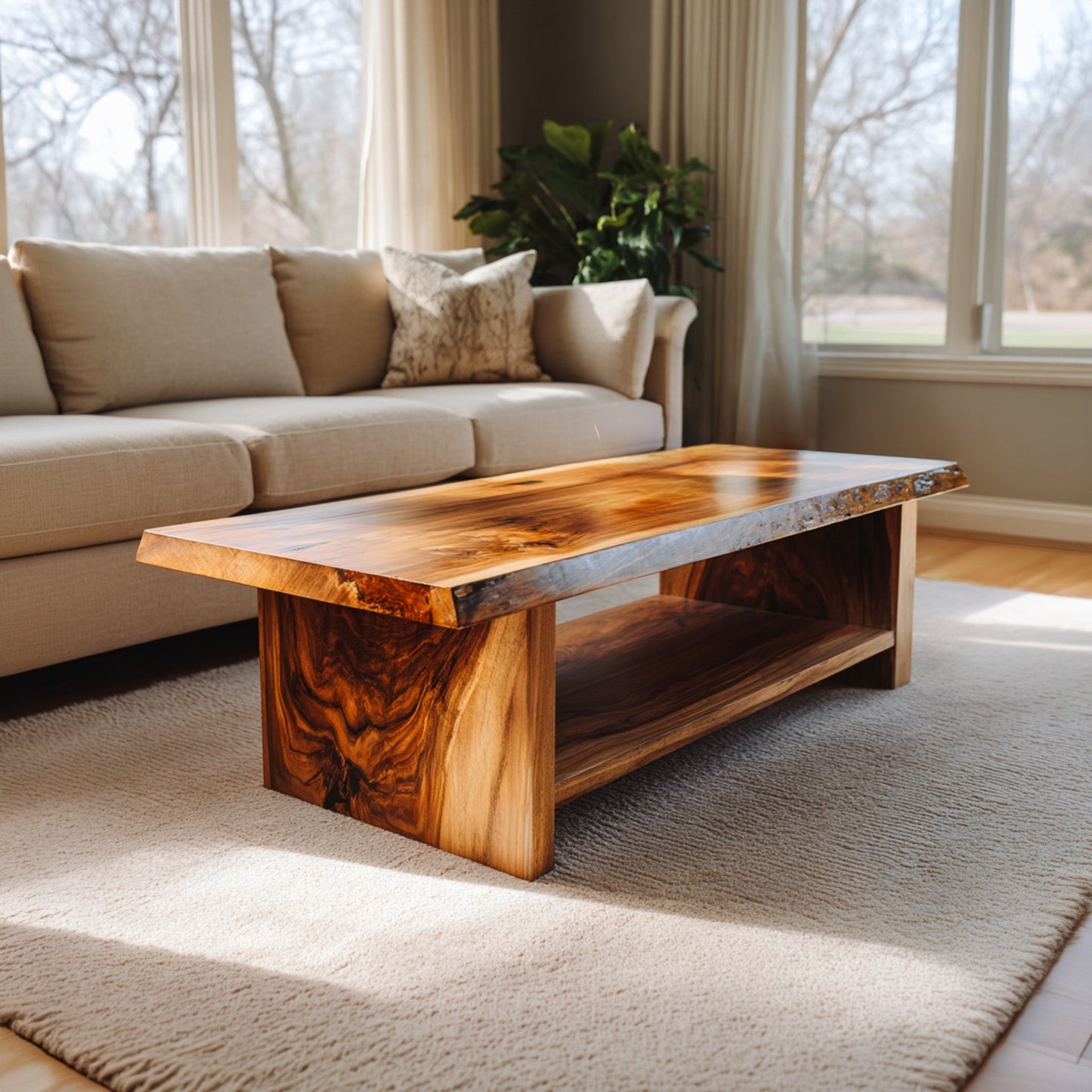 Live Edge Coffee Table With Open Shelf Storage