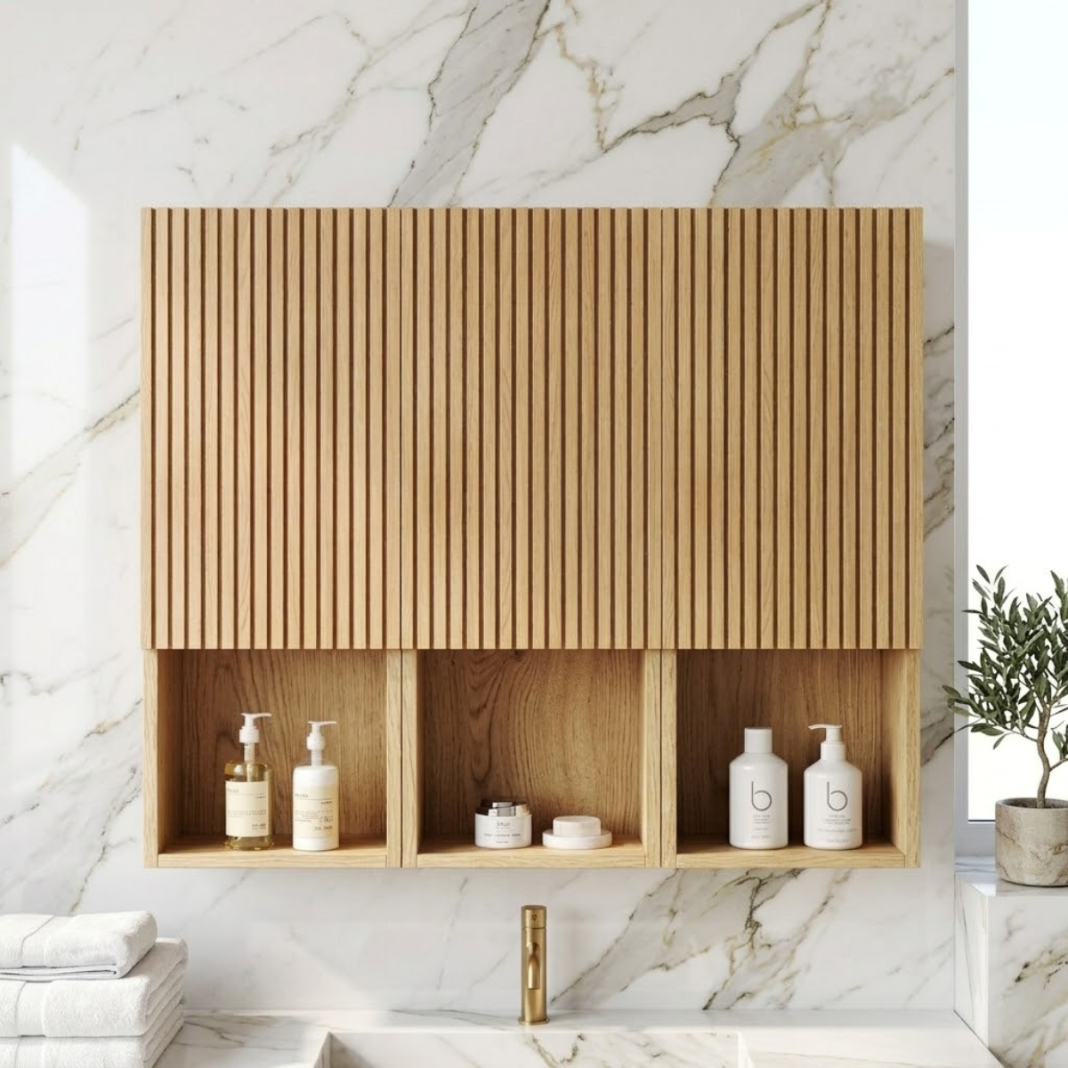 Floating Bathroom Cabinet, Modern Slatted Wall Mounted Vanity Storage Organizer Unit