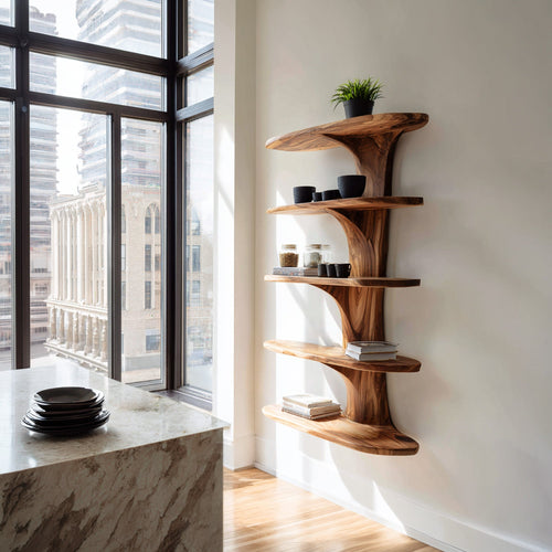 Vertical Wood Kitchen Wall Shelf With Open Display