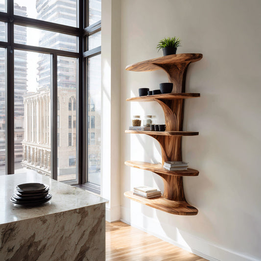 Vertical Wood Kitchen Wall Shelf With Open Display