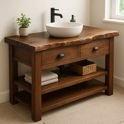 Handcrafted Solid Wood Bathroom Vanity – Live Edge Top with 2 Drawers and Open Shelving Kitchnce