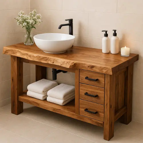 Rustic Solid Wood Bathroom Vanity – Handcrafted Live Edge Countertop with 3 Drawers & Open Shelf – Farmhouse Natural Wood Sink Stand Kitchnce