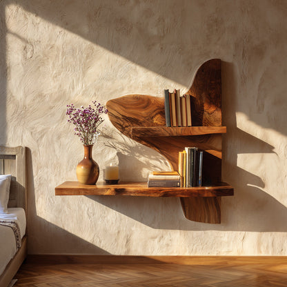 Asymmetrical Two-Tier Wall Shelf in Natural Wood with Sculptural Form