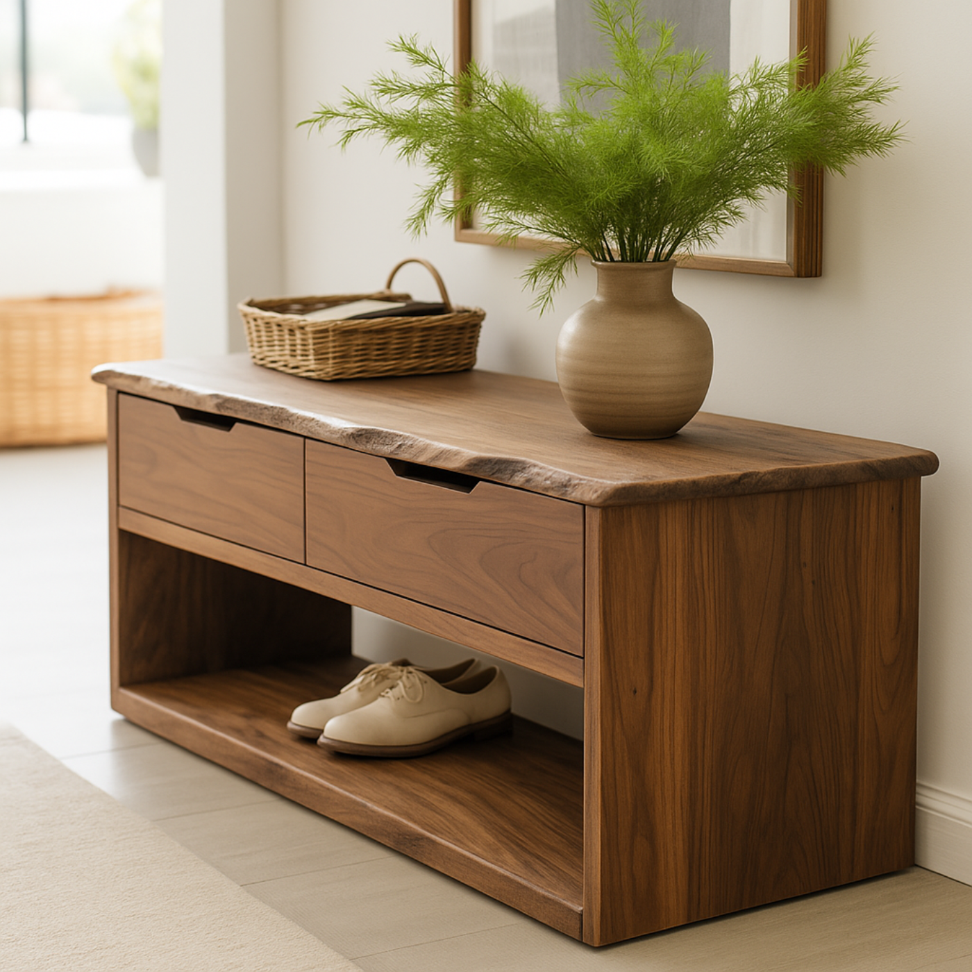 Handcrafted Solid Wood Bench – Live-Edge Entryway Bench with Drawers Kitchnce