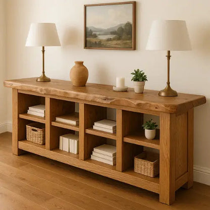 Handcrafted Solid Wood Live Edge Console Table – Rustic Oak with Open Cubby Shelves Kitchnce