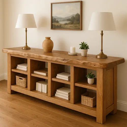 Handcrafted Solid Wood Live Edge Console Table – Rustic Oak with Open Cubby Shelves Kitchnce