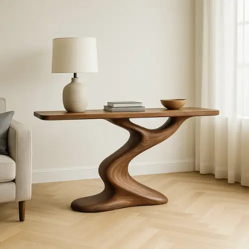 Handcrafted Solid Wood Wave Console Table – Contemporary Organic Form Kitchnce