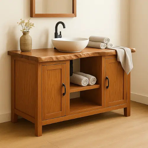 Handcrafted Solid Wood Bathroom Vanity – Live Edge Top with Dual Cabinets and Open Shelf Kitchnce