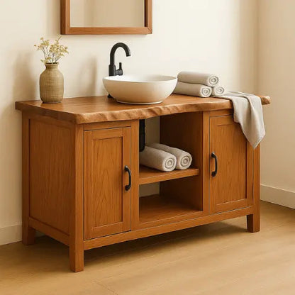 Handcrafted Solid Wood Bathroom Vanity – Live Edge Top with Dual Cabinets and Open Shelf Kitchnce