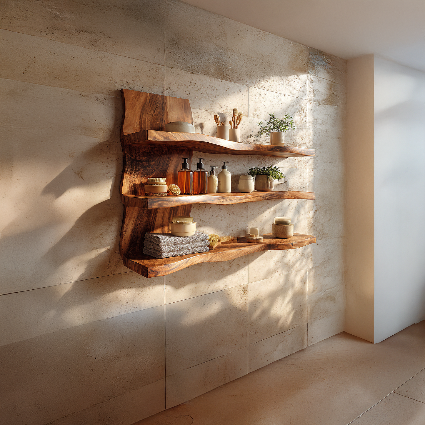 Sculptural Triple Tier Wall Shelf with Flowing Wood Layers