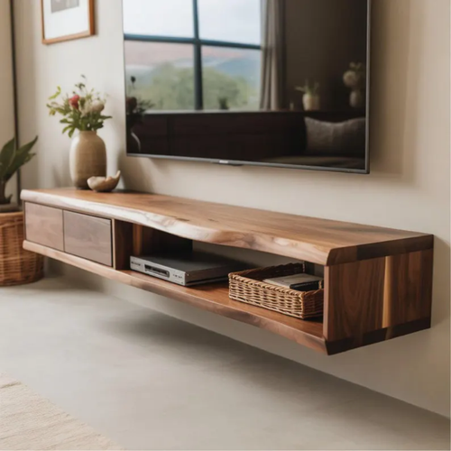Handcrafted Solid Wood Floating TV Stand, Live Edge Media Console, Wall-Mounted Kitchnce