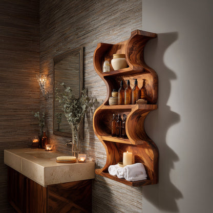 Vertical Wood Wall Shelf With Curved Open Display