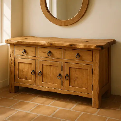 Handcrafted Solid Wood Live Edge Console Table – Rustic Oak with Drawers and Cabinet Doors Kitchnce