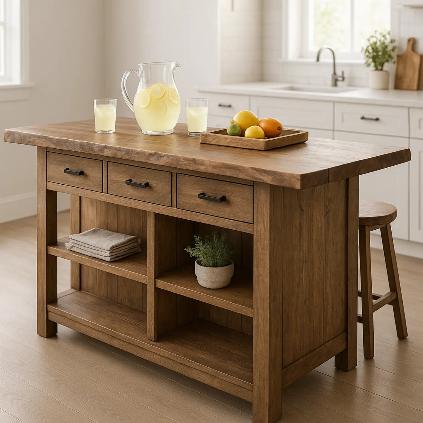Handcrafted Solid Wood Kitchen Island - Rustic Top, 3 Drawers & Open Shelving Kitchnce