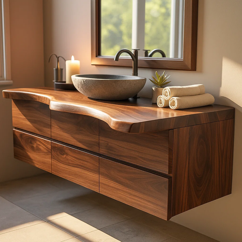 Handcrafted Solid Wood Vanity - Wide Floating Live Edge Cabinet with Drawers Kitchnce
