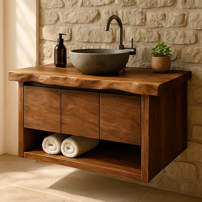 Handcrafted Solid Wood Floating Bathroom Vanity with Live Edge Top - Rustic Modern Washstand Kitchnce