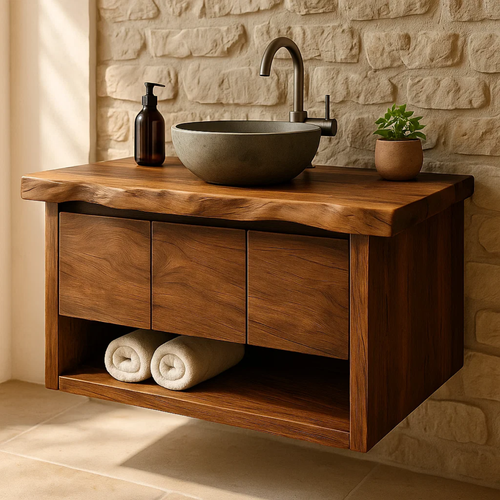 Handcrafted Solid Wood Floating Bathroom Vanity with Live Edge Top - Rustic Modern Washstand Kitchnce